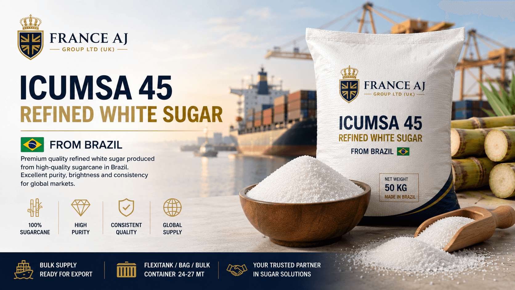 Brazil ICUMSA 45 refined white sugar wholesale supplier for bulk buyers, importers and global export | France AJ Group LTD (UK)