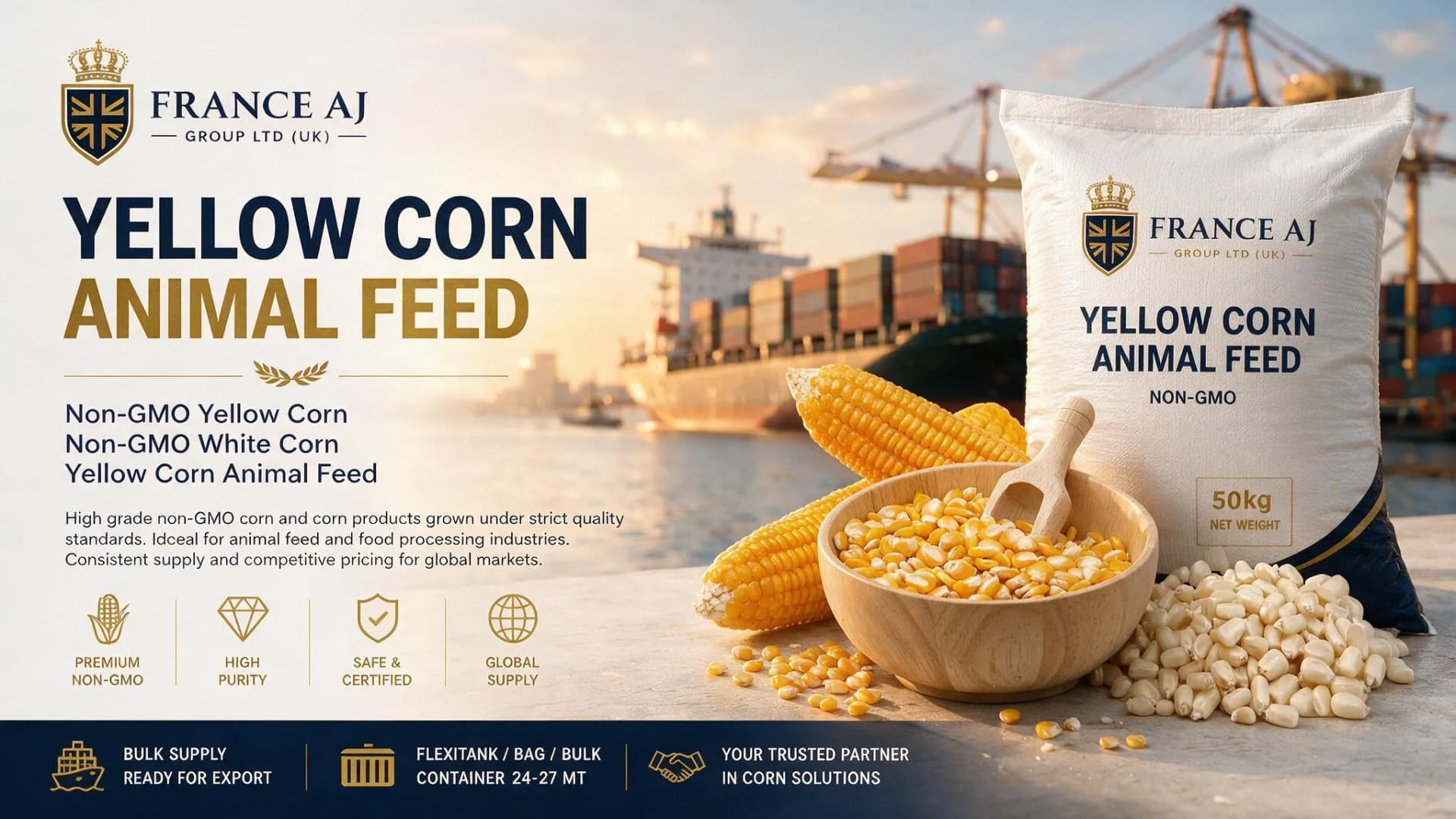 Non-GMO yellow corn, white corn and animal feed corn wholesale supplier for bulk import and global export | France AJ Group LTD (UK)