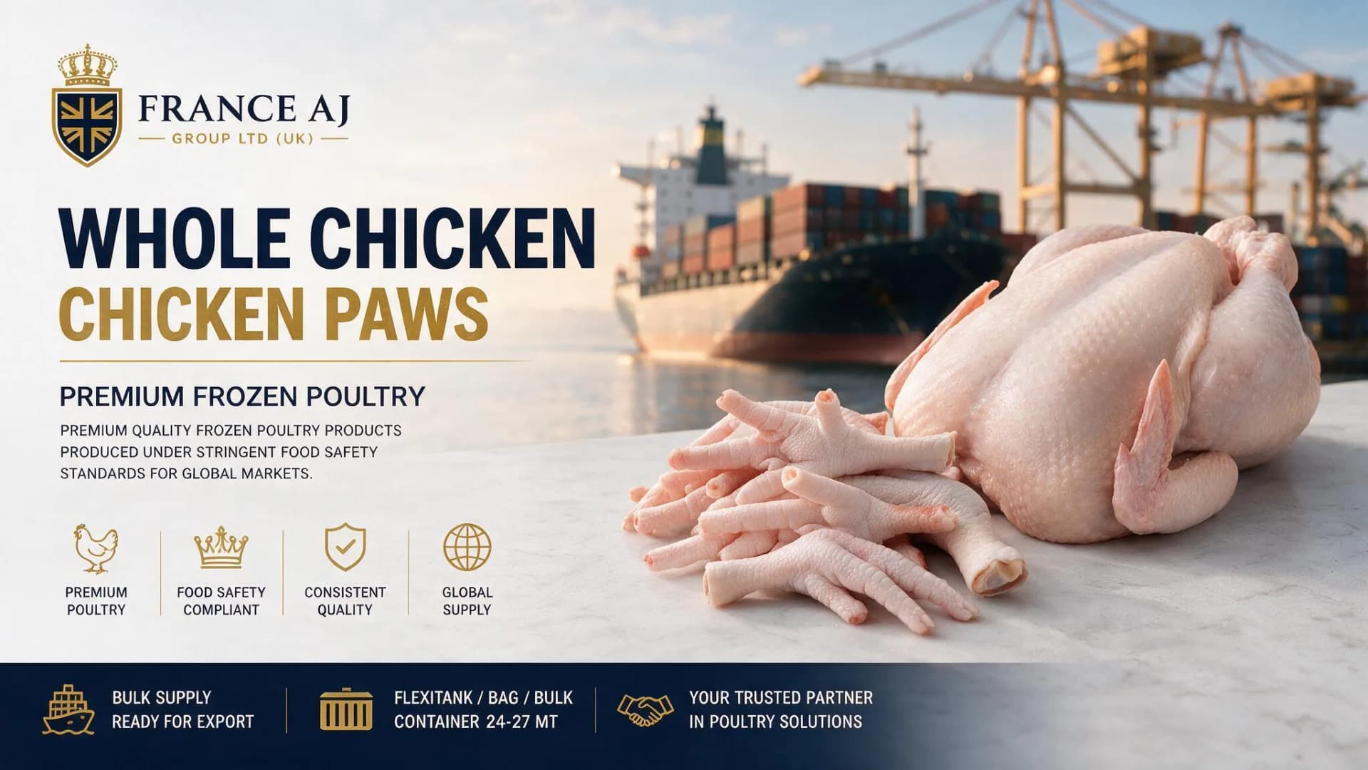 Frozen whole chicken and chicken paws wholesale supplier for importers, distributors and global export | France AJ Group LTD (UK)
