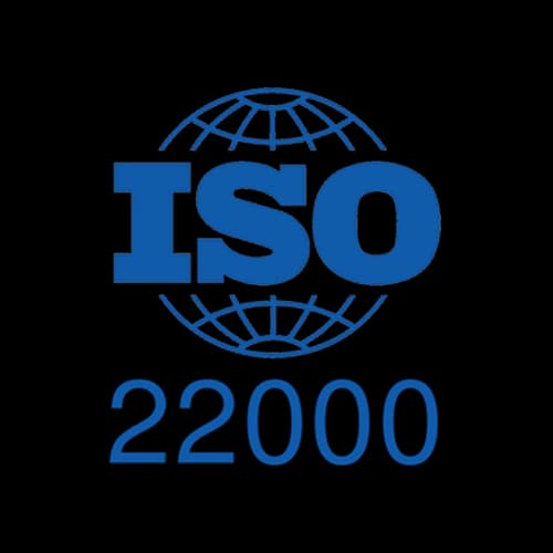 ISO 22000 Food Safety Management System certification for hazard control and food safety.