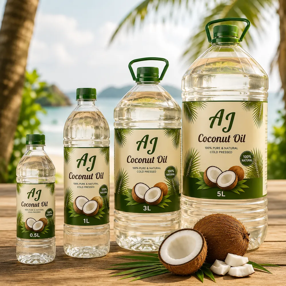 Olio di cocco raffinato (RBD) all'ingrosso — olio di cocco deodorato in bottiglie PET da 1L, 5L e 20L per l'esportazione