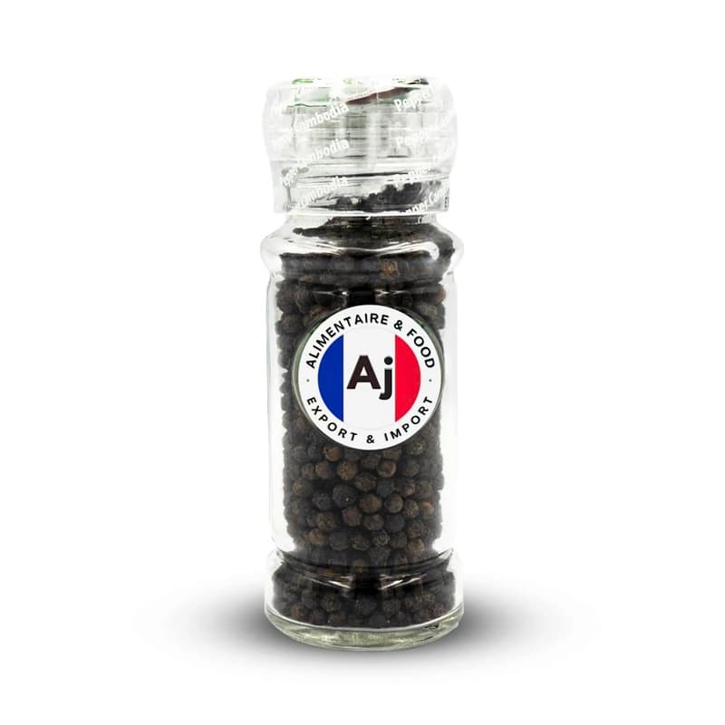 Enjoy freshly ground Kampot Black Pepper Corn from our glass bottle grinder, perfect for enhancing your dishes.