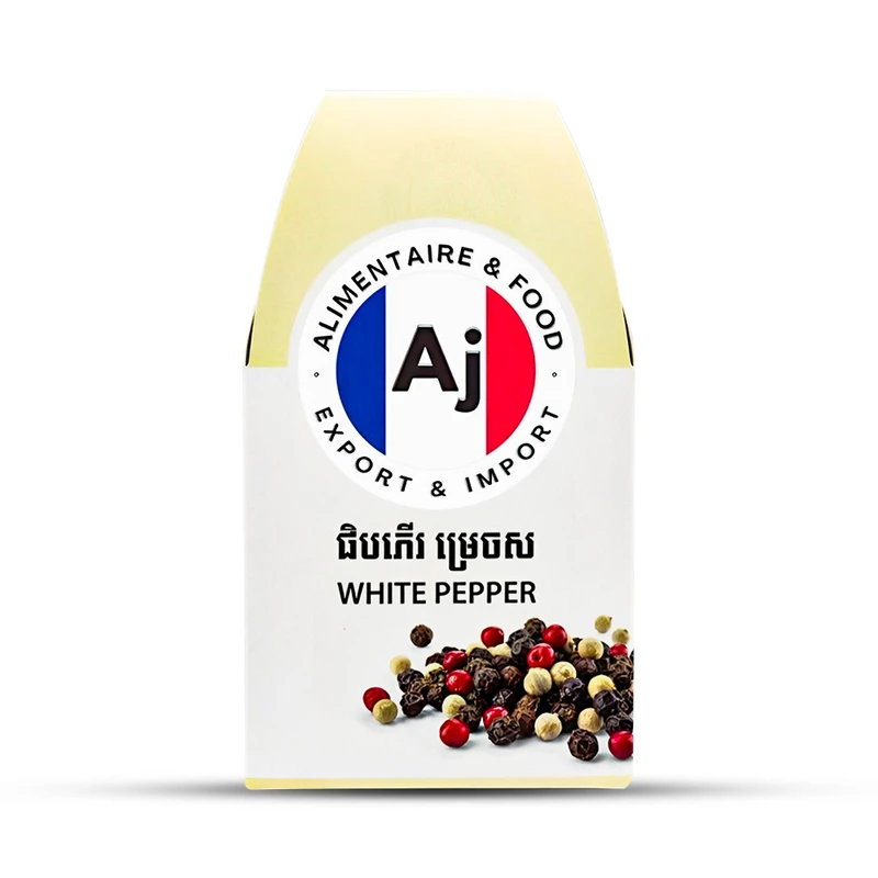 Kampot White Grain Pepper is a gourmet spice, now available in a convenient 50 g Sela Pepper package for your culinary needs.