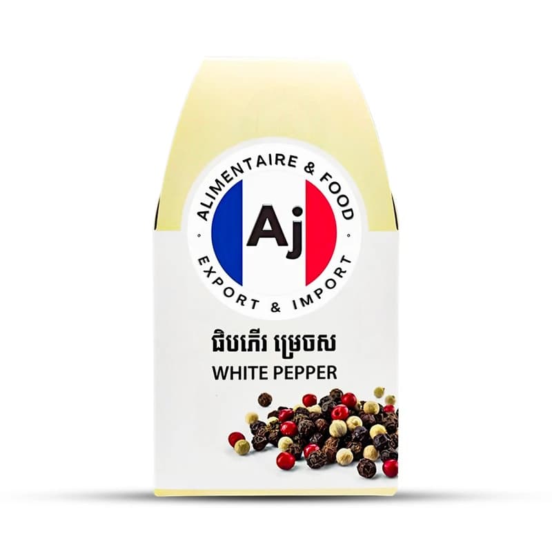 Kampot White Grain Pepper is a gourmet spice, now available in a convenient 50 g Sela Pepper package for your culinary needs.