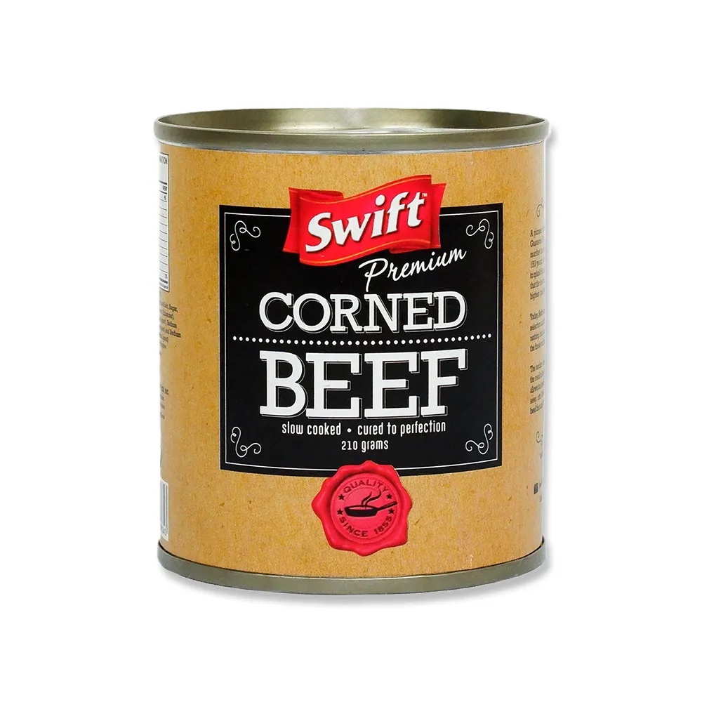 Corned Beef Swift Premium – l'étalon-or du bœuf en conserve du Brésil & Argentine. Halal. Texture poitrine en morceaux. 198g à 1,36kg. Longue conservation. Gros. TT, LC, SBLC.