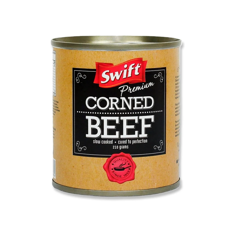 Corned Beef Swift Premium – l'étalon-or du bœuf en conserve du Brésil & Argentine. Halal. Texture poitrine en morceaux. 198g à 1,36kg. Longue conservation. Gros. TT, LC, SBLC.